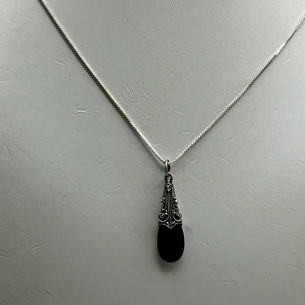 Victorian-Inspired Matte Black and Sterling Silver Filigree Necklace -Boho Chic